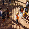 An aerial view of students walking on campus.