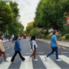 students in walking down the street